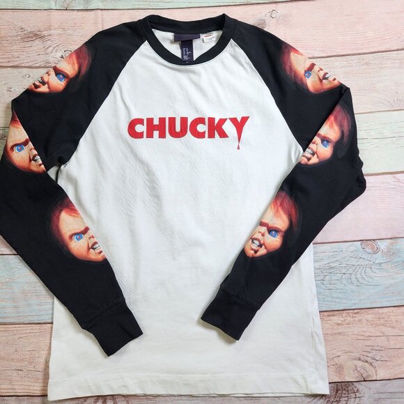 Chucky H&M Unisex Size XS Long Sleeve Raglan T Shirt White Black New - Picture 7 of 11